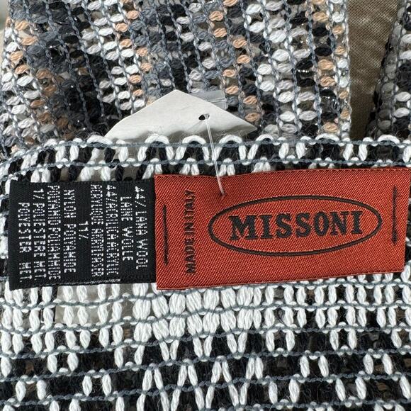 Vintage Missoni Scarf, Silver Gray Tan Zigzag, Wool Blend, Fringe, Italy, NWT - Picture 6 of 8